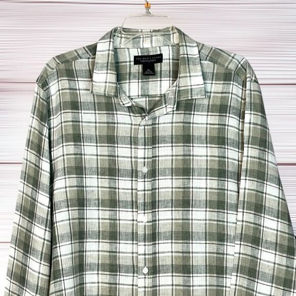 The Men’s Store Bloomingdale’s Linen Shirt Button Up Long Sleeve Green Plaid XL - Picture 4 of 9